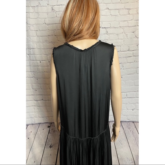 New $390 Raquel Allegra Black Satin Raw Edge DRESS - Picture 9 of 11